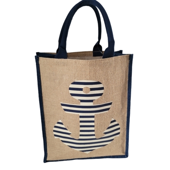 Anchor Nautical Burlap and Navy Beach Tote New without Tags Preppy Classic - Picture 2 of 4